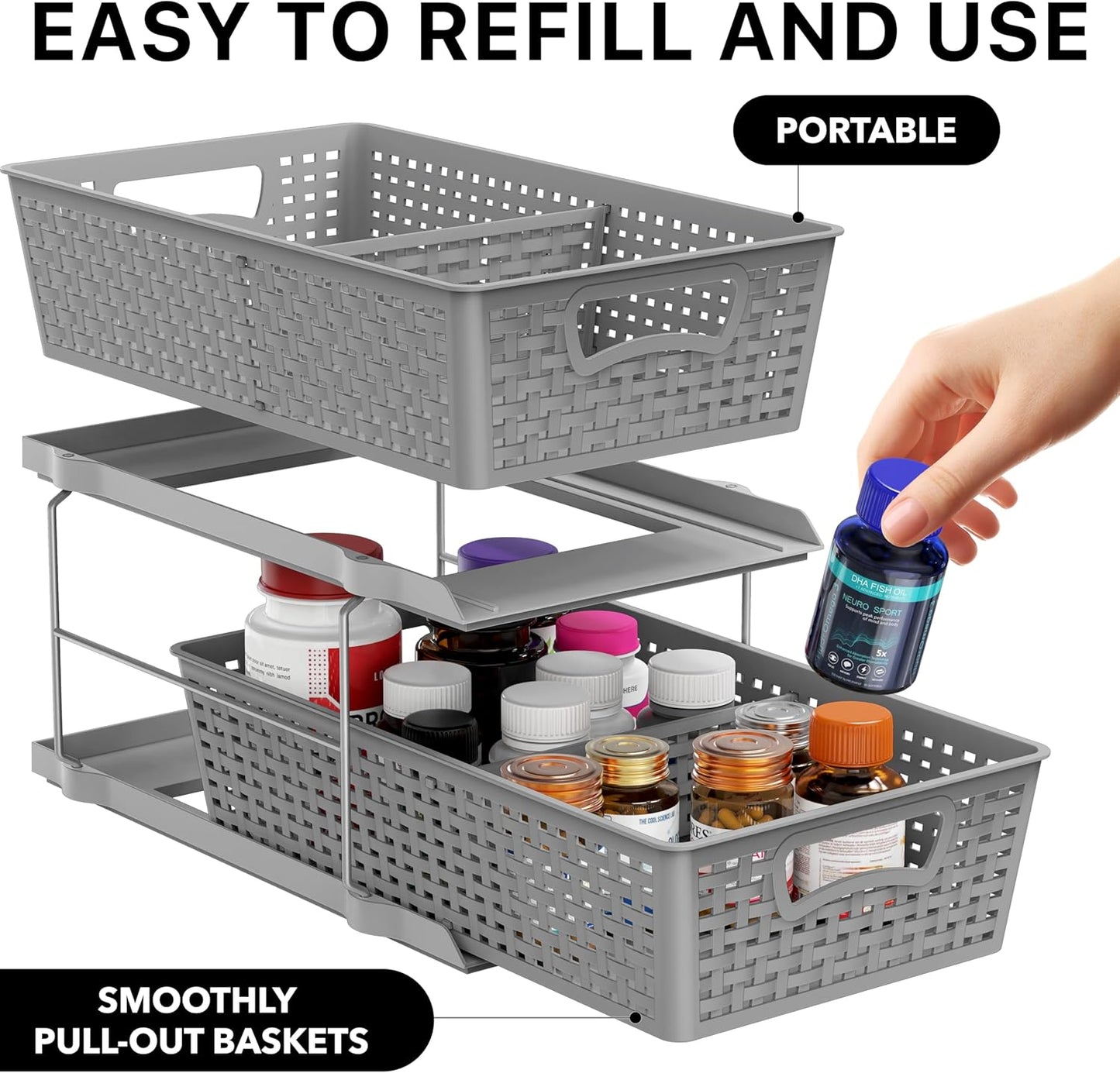 2 Tier Bathroom Organizer Tray Pull-Out Sliding Drawer, Under Sink Storage, Gray
