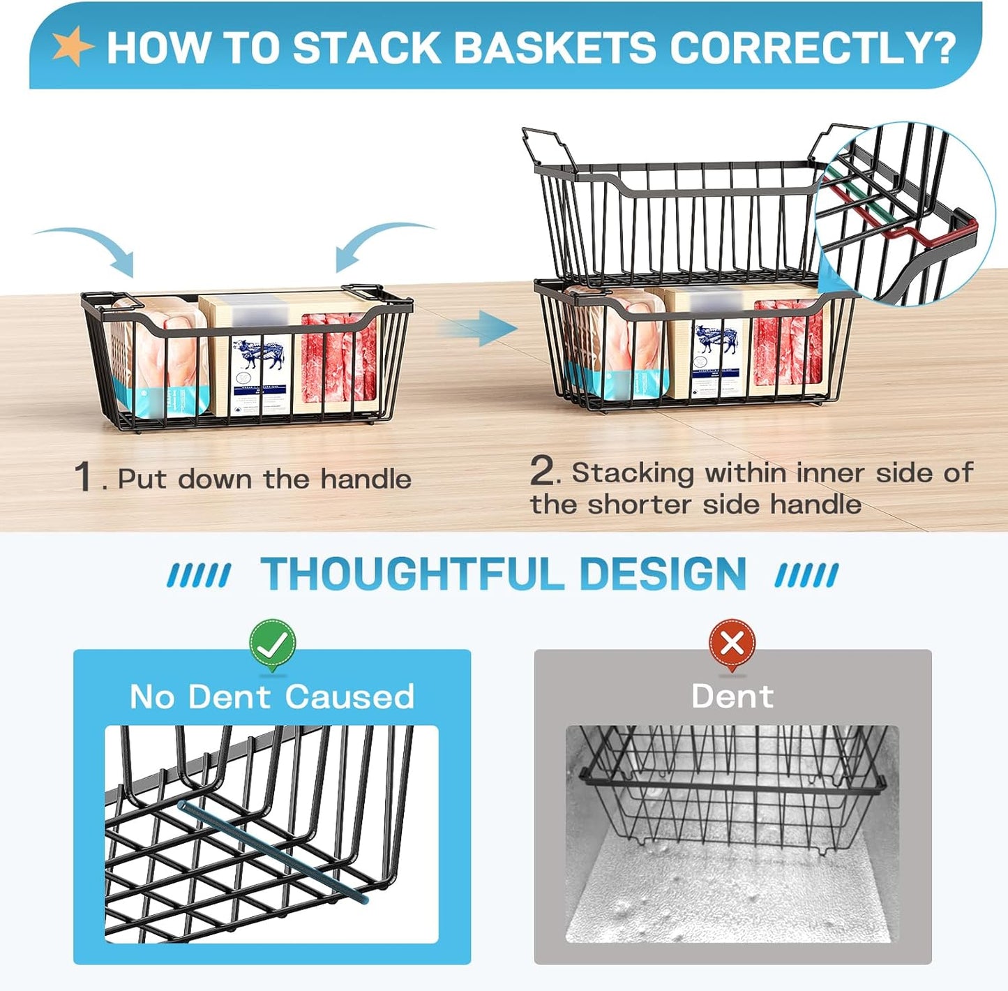 Freezer Organizer Bins, 4 Pack Stackable Chest Freezer Organizer for 5-7 Cu.FT Deep Freezer Sort Frozen Meats and Food, Freezer Storage Baskets with Handles Easy Reach from Bottom, Black