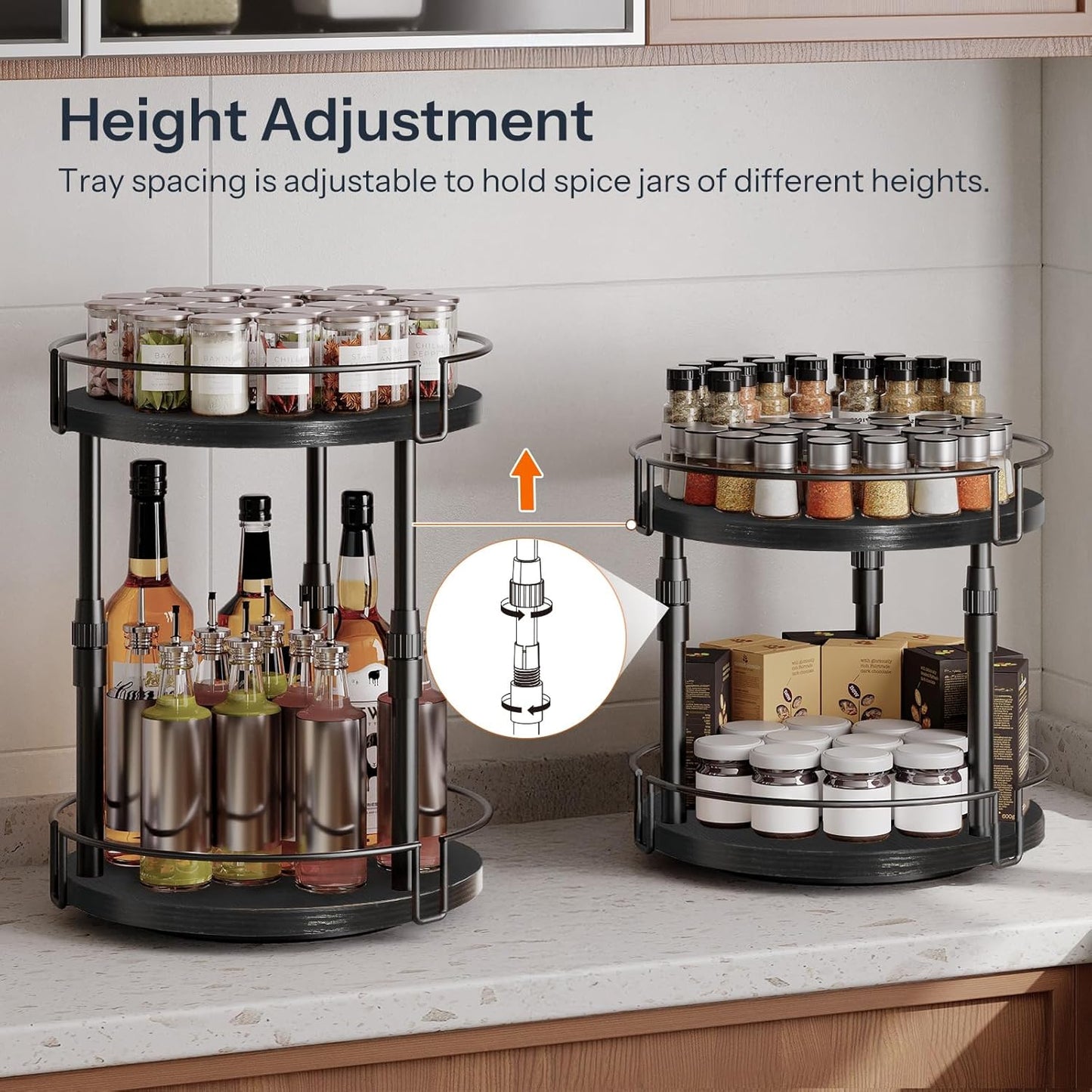 Lazy Susan Organizer Spice Rack, 2-Tier Height Adjustable Rotating Lazy Turntable Spice Organizer