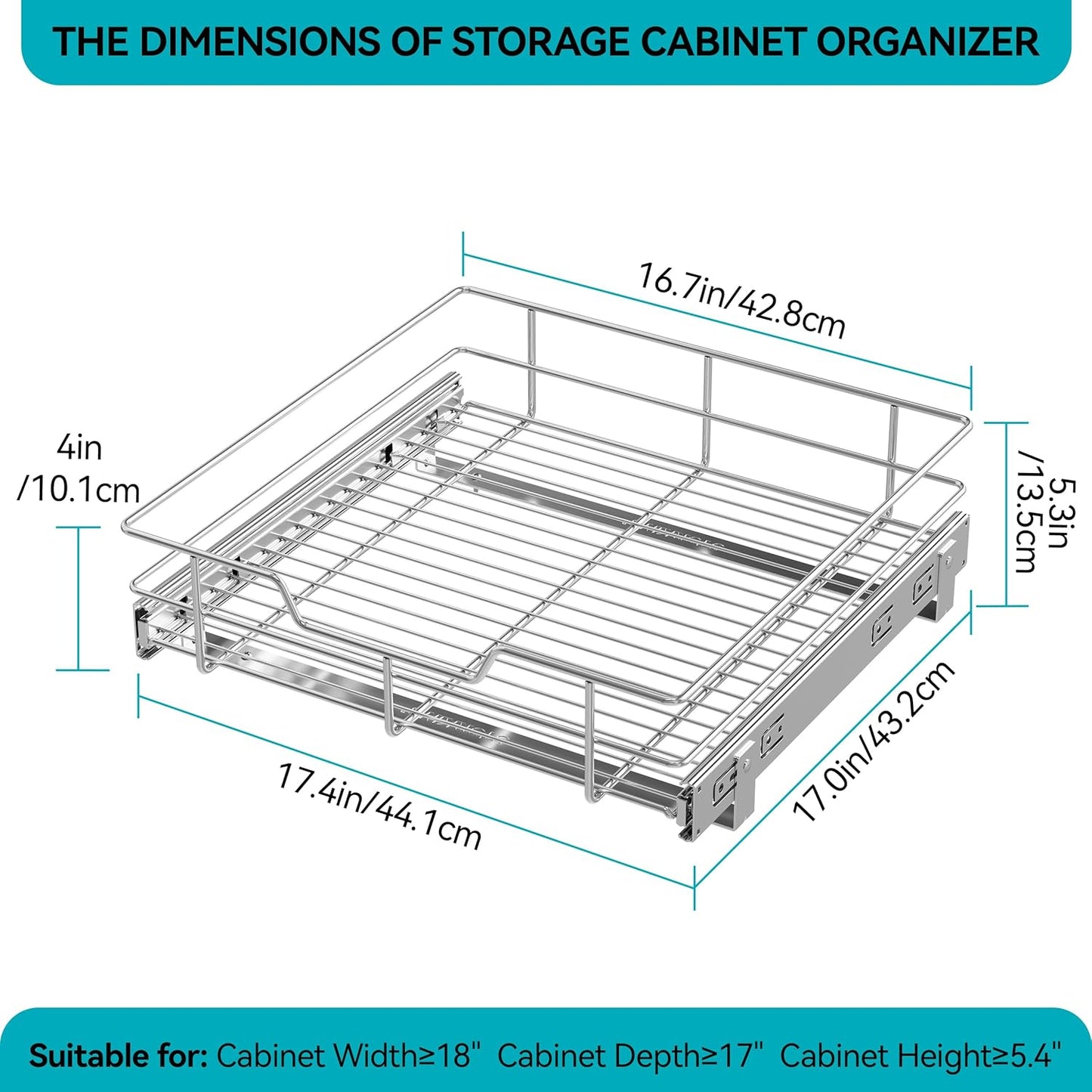 Pull Out Cabinet Organizer 17" W X 17" D, Slide Out Drawers For Kitchen Organizers and Storage