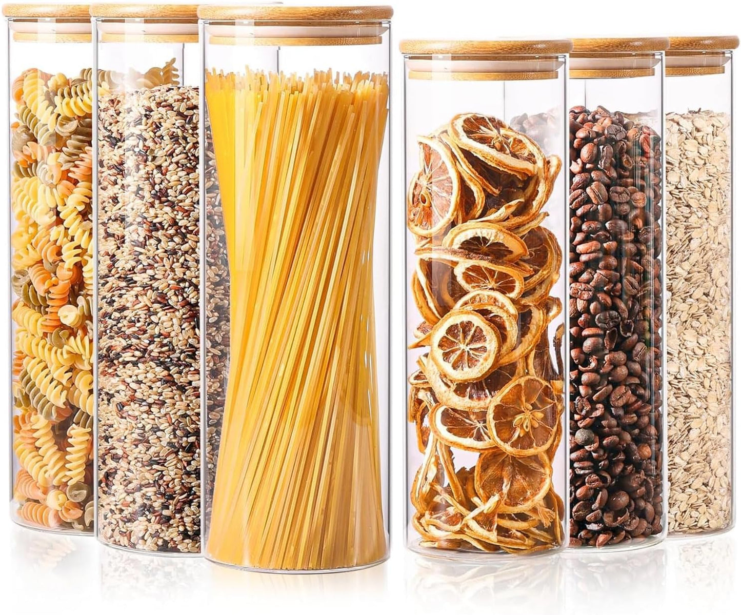 Glass Food Storage Jars Set of 6, Tall Glass Storage Containers with Lids, Spaghetti Jar