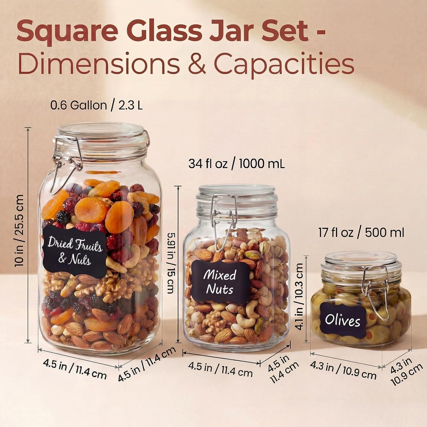 Multi Size - 5 Pack Square Glass Jars with Airtight Lid, Wide Mouth Mason Jars with Clamp Lids