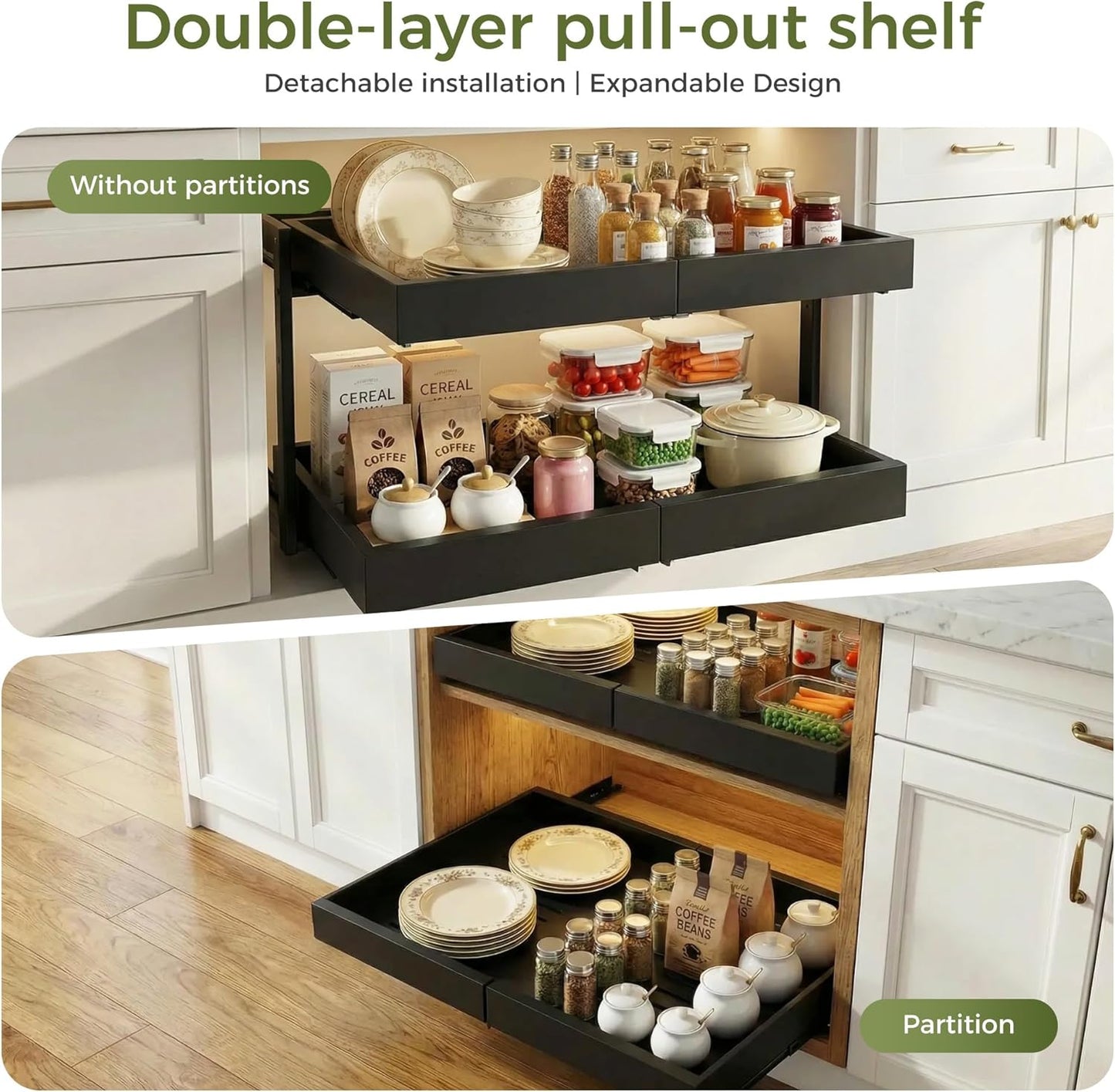 Expandable Pull Out Cabinet Organizer, 2-Tier Slide Out Drawer for Kitchen Cabinets