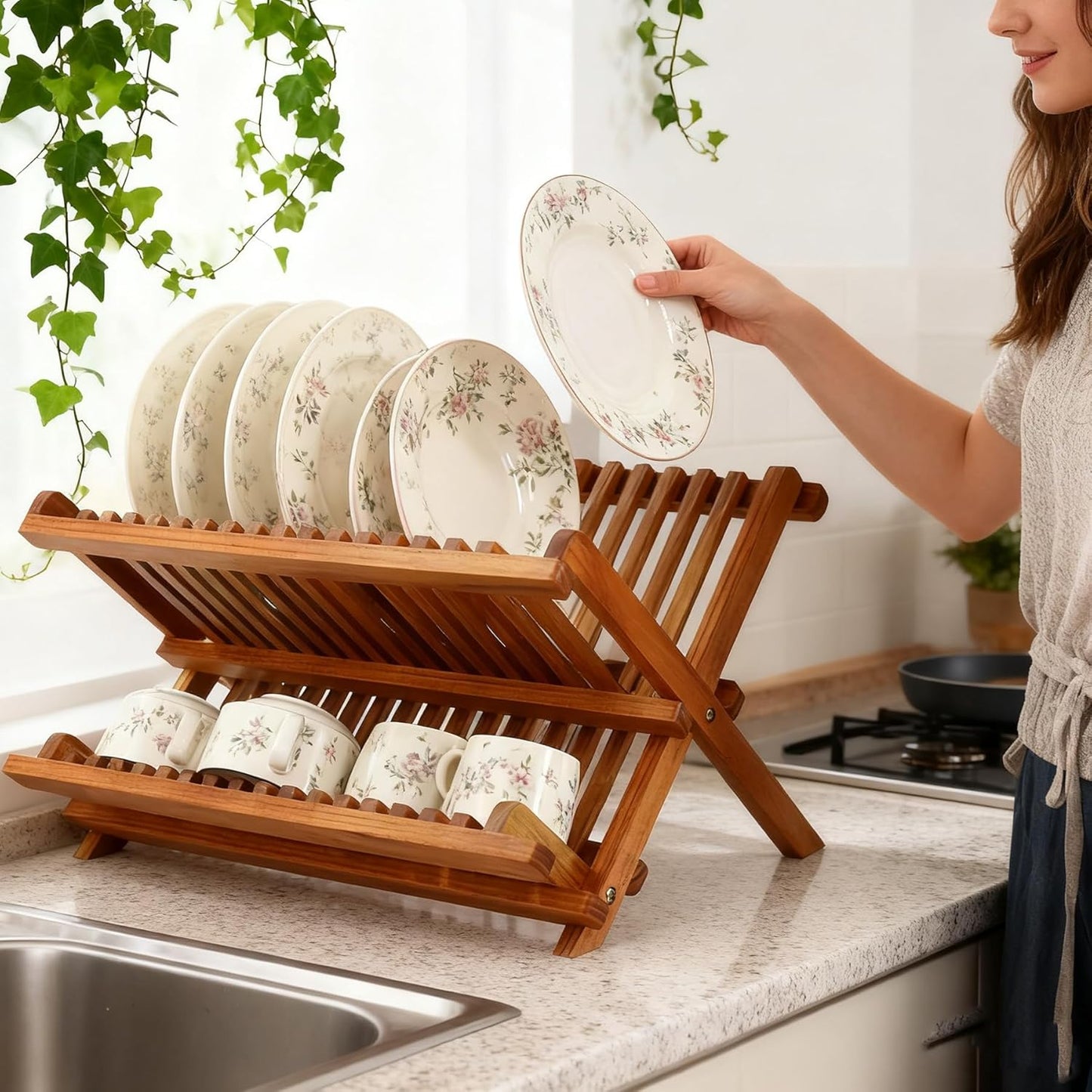 Teak Dish Drainer Rack Collapsible 2 Tier Dish Rack Dish Drying Rack Foldable Plate Organizer Holder for Kitchen Compact Countertop
