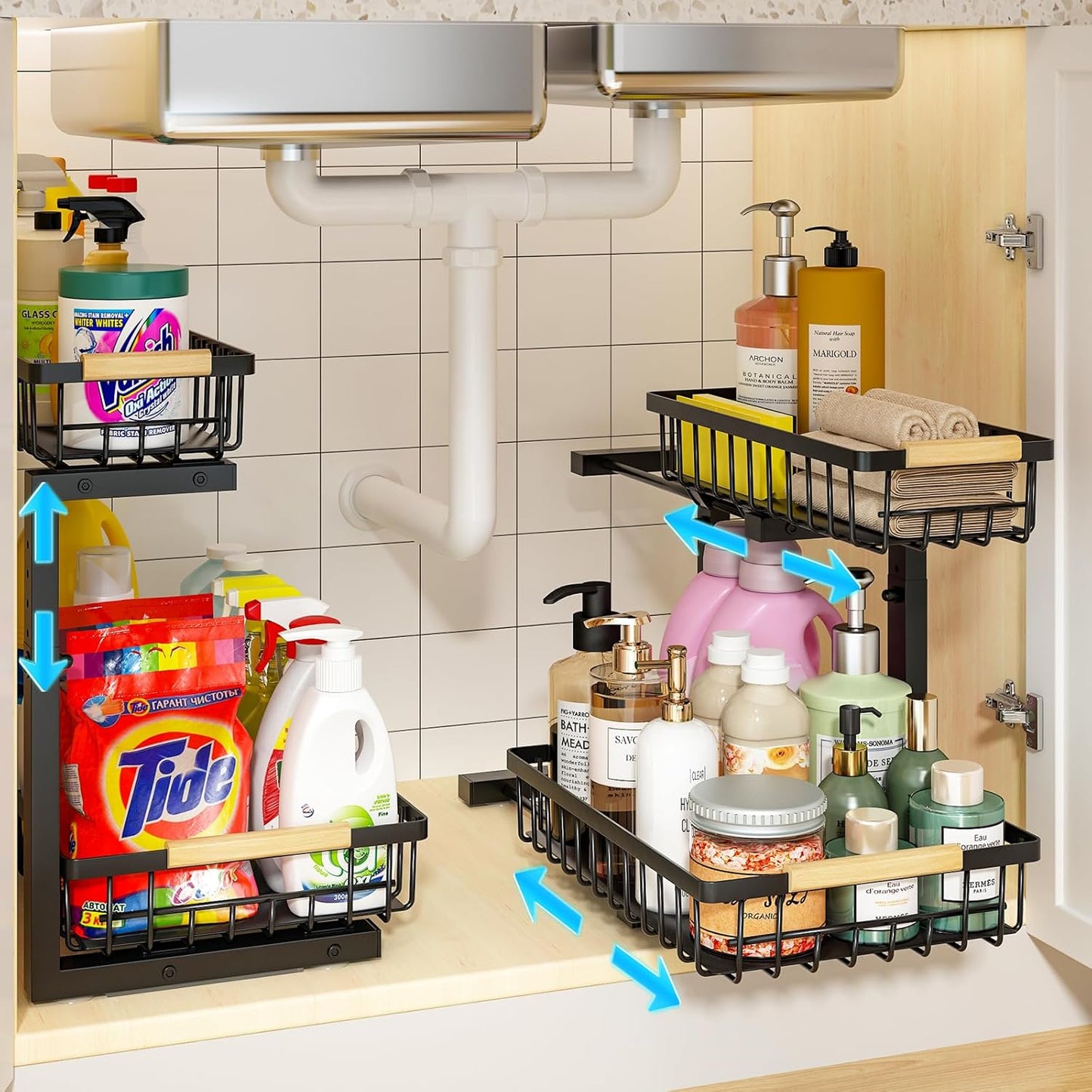 Under Sink Organizer, 2 Pack Height Adjustable Under Sink Organizers and Storage