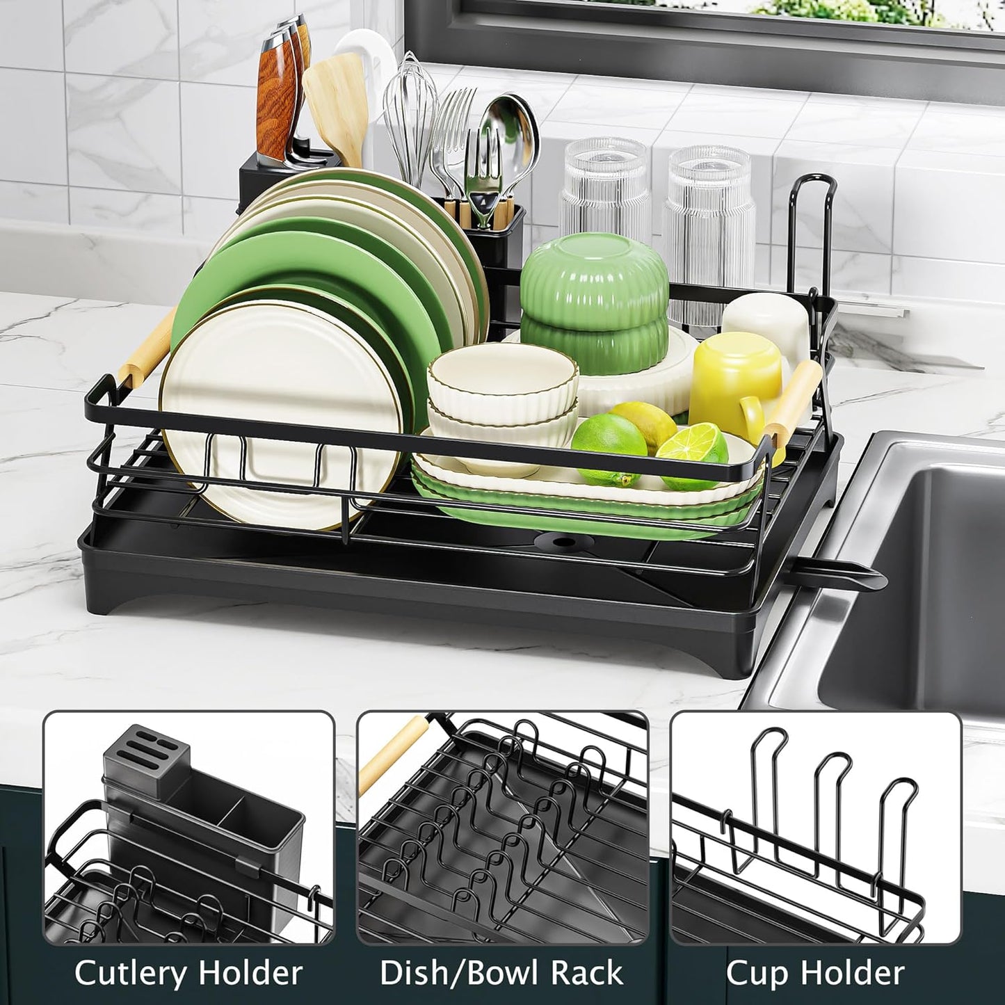 Dish Drying Rack for Kitchen Counter,Space-Saving Dish Rack,Rustproof Dish Drainer with Utensil Holder and Knife Slots for Sink,Kitchen Drying Rack with Wooden Handle and Cup Holder, Black