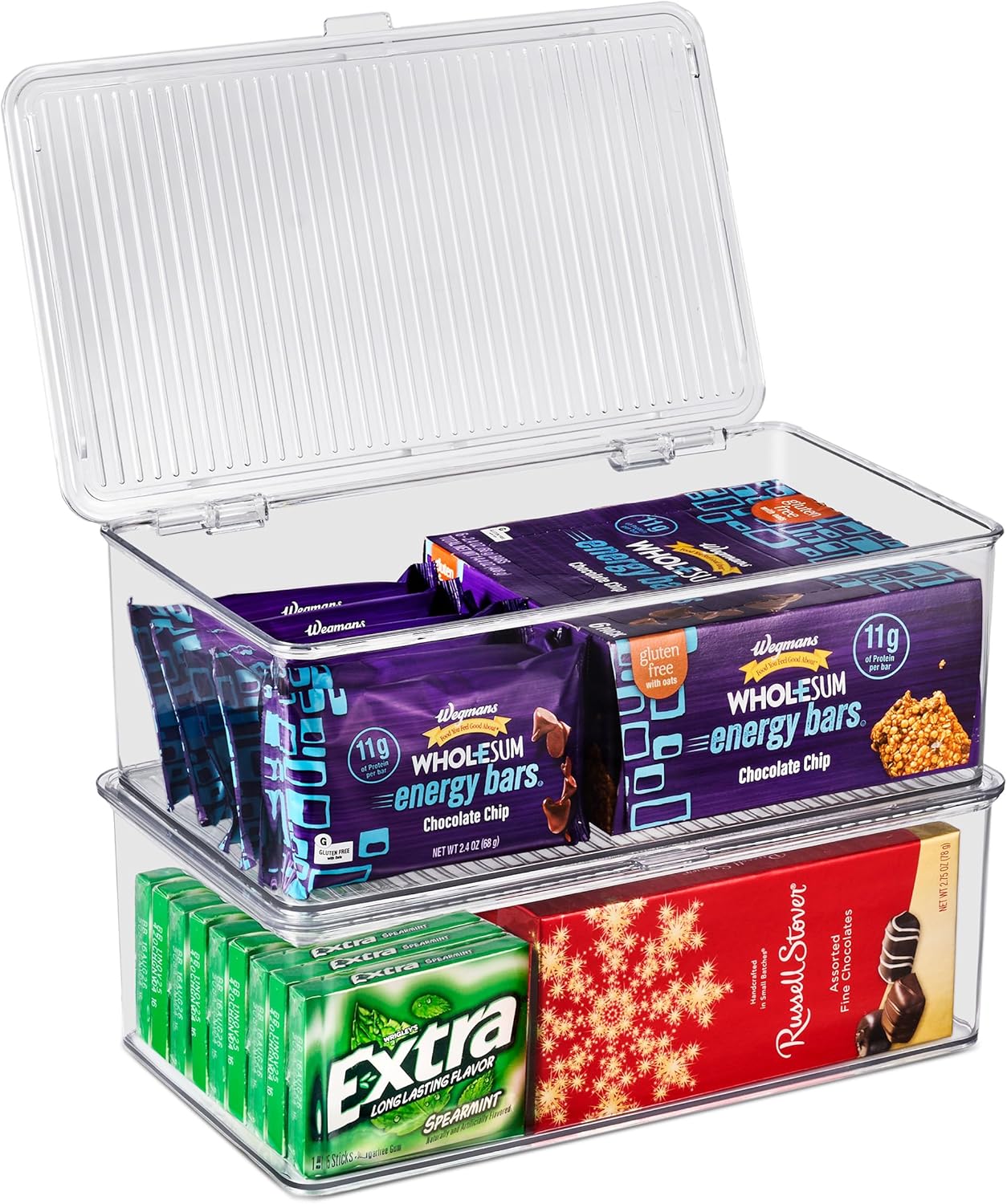 Pantry Storage Organizer with Lids- Clear Plastic Refrigerator Organizer Bins- Multi Purpose & Versatile Stackable Cabinet Organizers- Cosmetics, Laundry, Office Supplies Food Organizer- 2 Pack