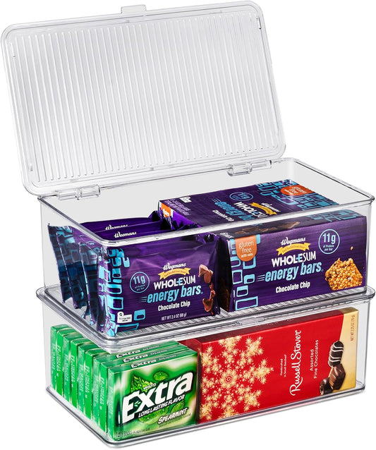 Pantry Storage Organizer with Lids- Clear Plastic Refrigerator Organizer Bins- Multi Purpose & Versatile Stackable Cabinet Organizers- Cosmetics, Laundry, Office Supplies Food Organizer- 2 Pack