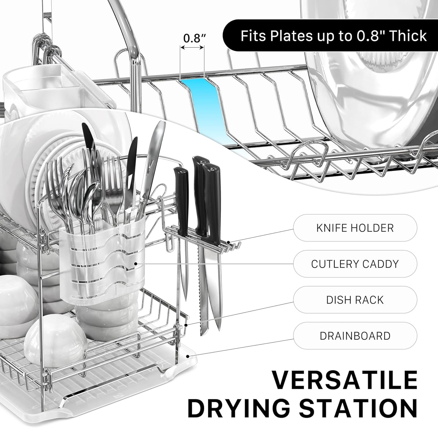 2-Tier Stainless Steel Dish Rack with Drainboard, Chrome for Kitchen