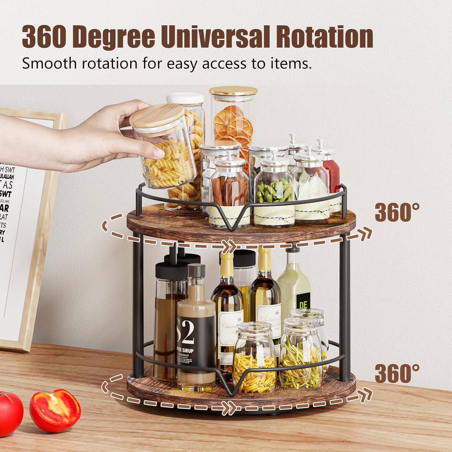 12" Wood Lazy Susan, Rotating Spice Rack, 2 Tier Spice Turntable Organizer