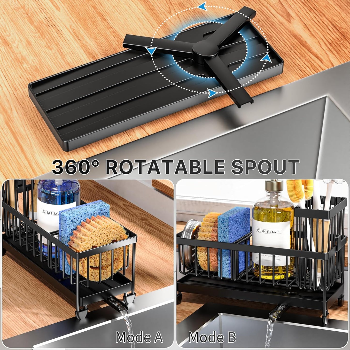 Sponge Holder for Kitchen Sink, Sink Caddy Organizer with High Brush Holder