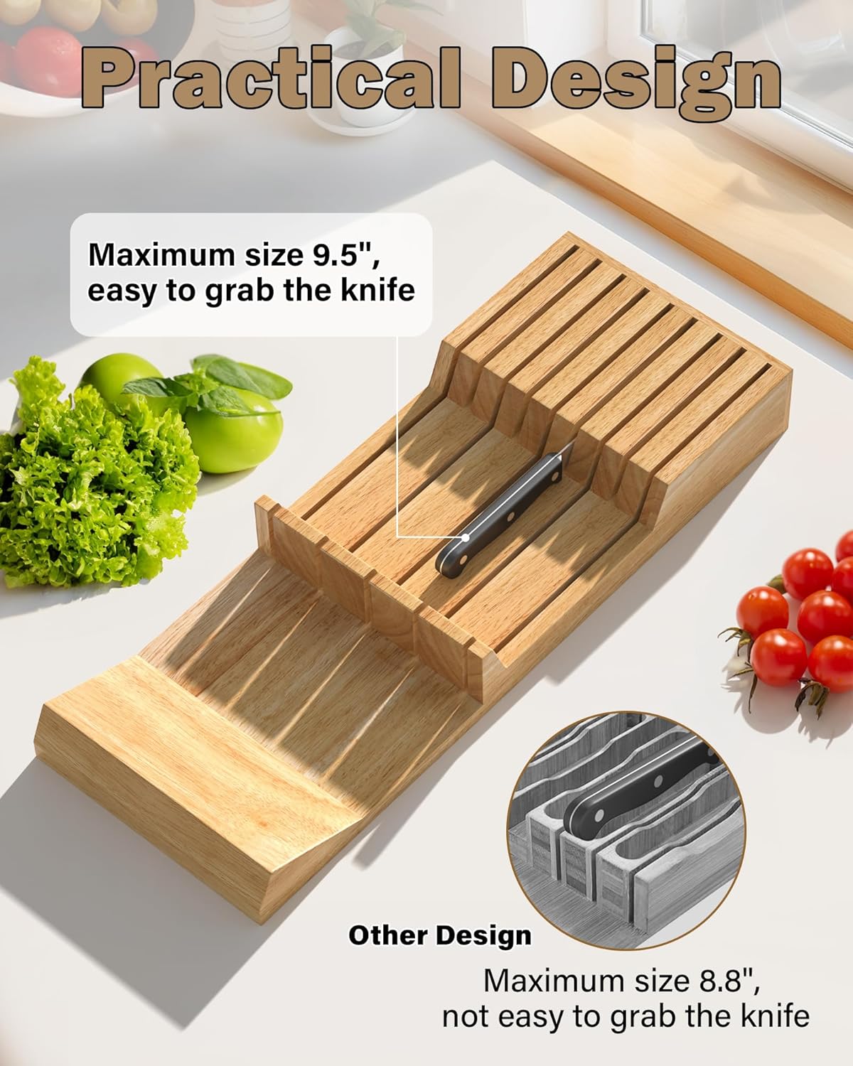 In-Drawer Knife Block Organizer 18-slot, (2pc 9-Slot) Kitchen Knife Cutlery Holder Drawer Storage