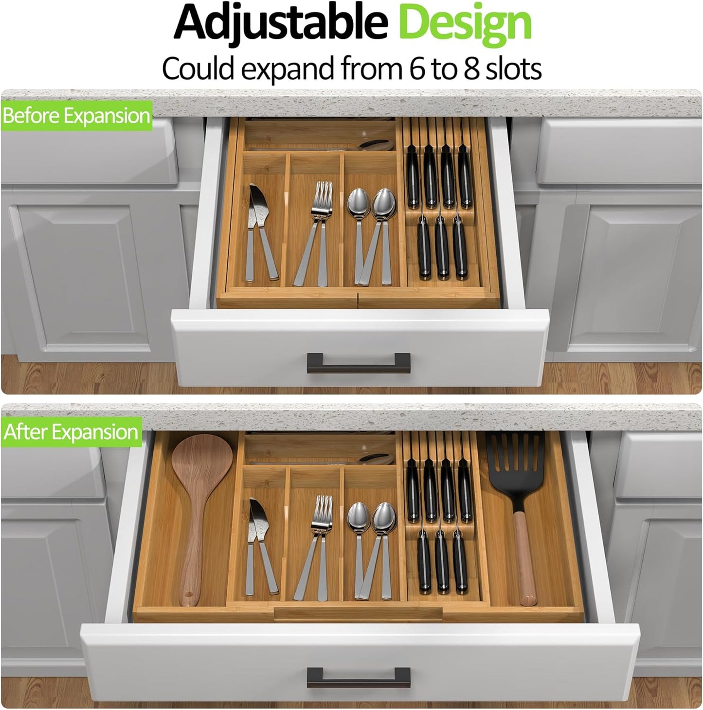 Bamboo Kitchen Drawer Organizer, Expandable Silverware Organizer with Removable Knife Block