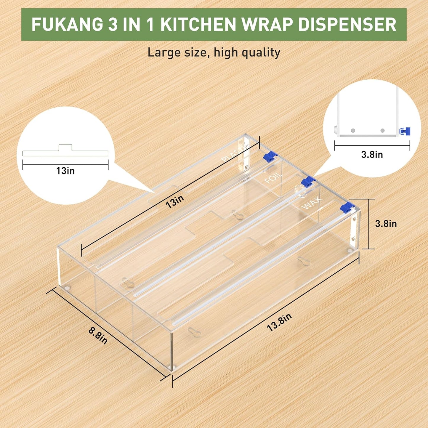 Kitchen Wrap Organizer, Foil and Plastic Wrap Organizer 3 in 1 with Sliding Cutter
