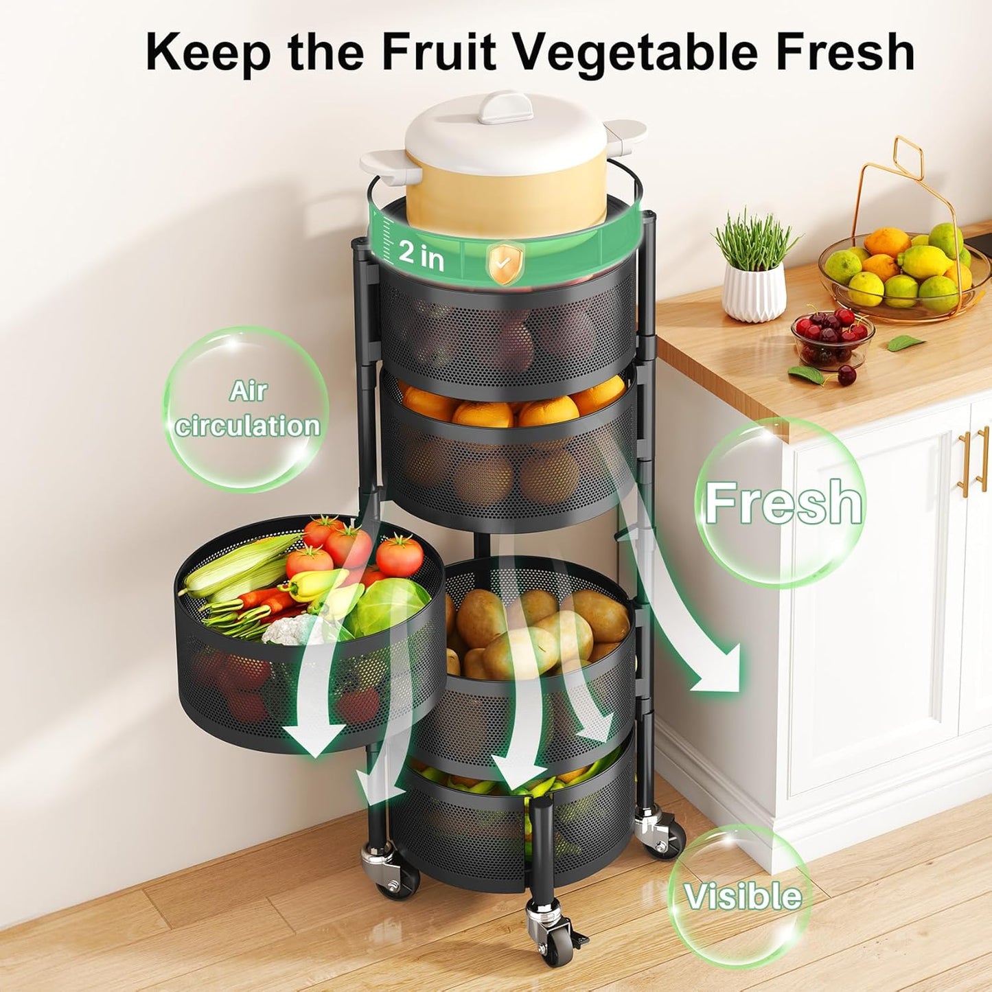 Fruit Vegetable Basket for Kitchen, Rotating Storage Rack, 5 Tier Rolling Cart with top lid