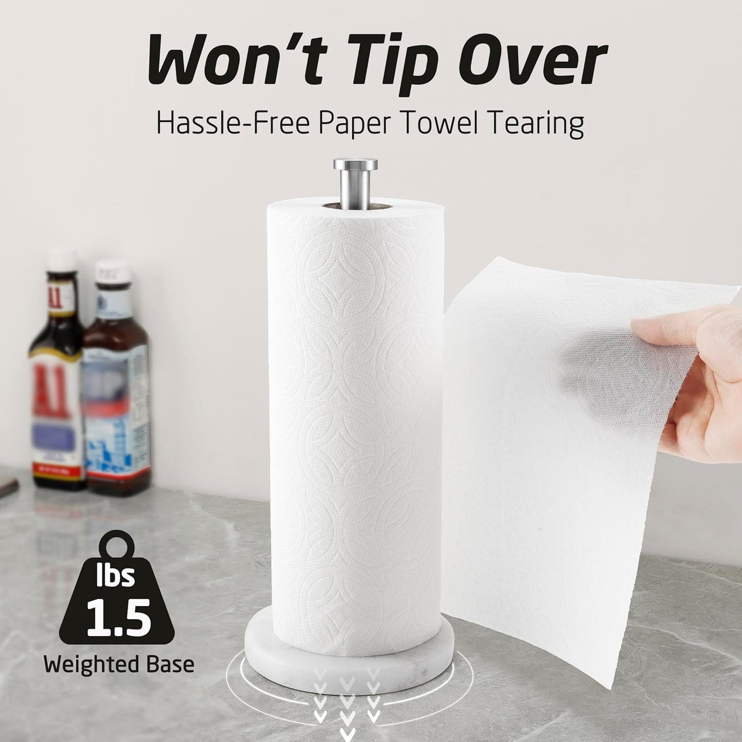 Paper Towel Holder Countertop, Paper Towel Roll Holder Stand for Kitchen with Natural Marble Base SUS304 Stainless Steel for Standard or Jumbo Rolls Brushed Finish, KPH100S14B-2