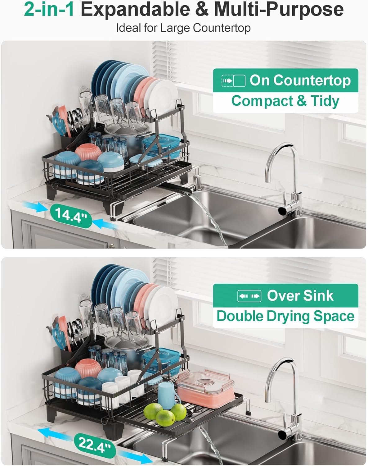 2 Tier Dish Drying Rack for Kitchen Counter, Expandable Large Dish Drainer with Drainboard Set