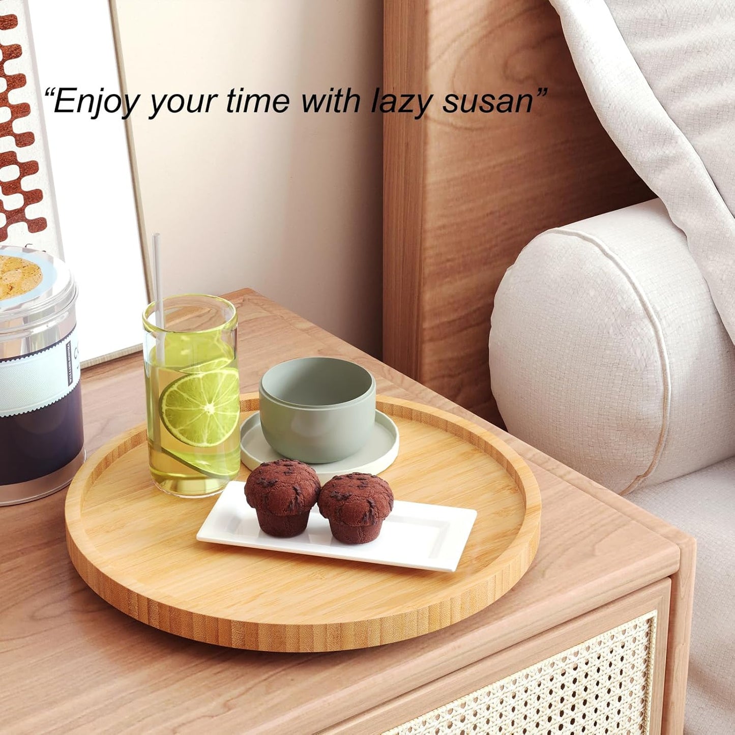 Lazy Susan Organizer for Kitchen,Bamboo Turntable for Cabinet,Pantry,Vanity,Middle（Natural）