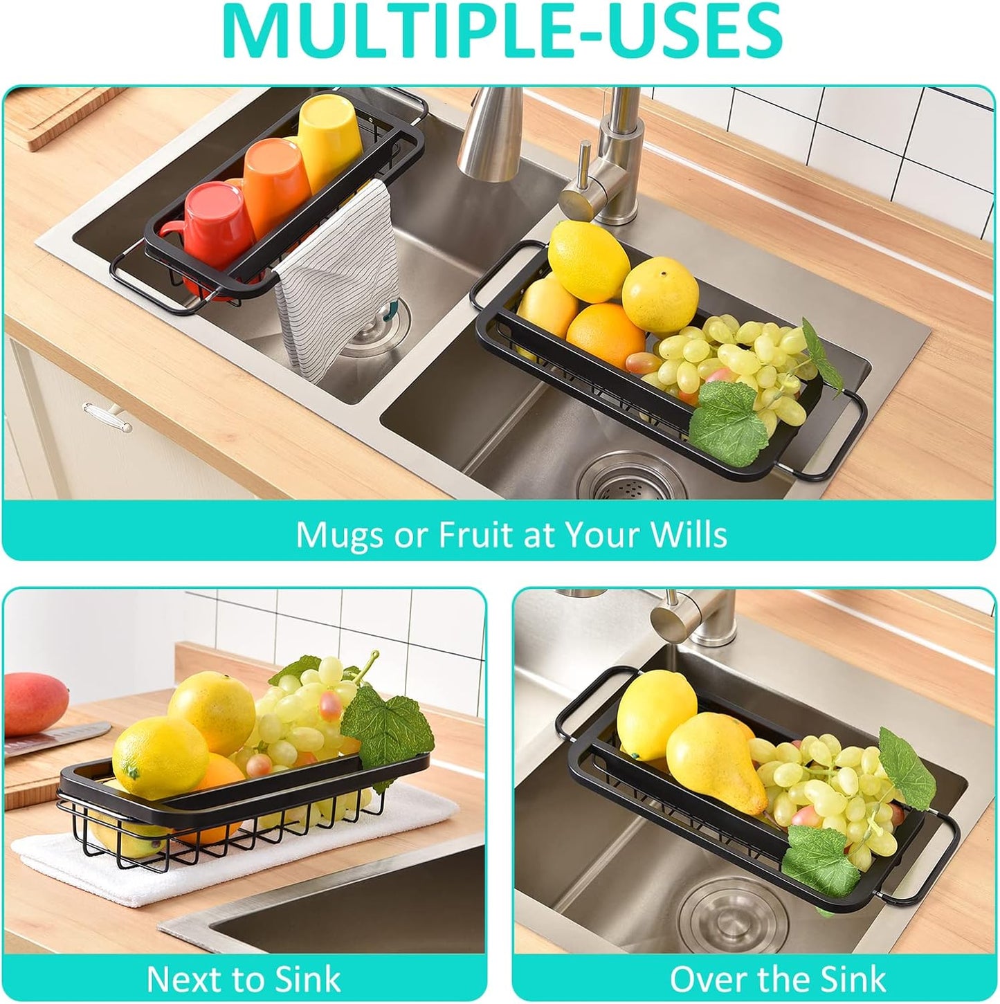 Expandable Sink Caddy with Dish Towel Bar, Adjustable Over-The-Sink Organizer for Kitchen