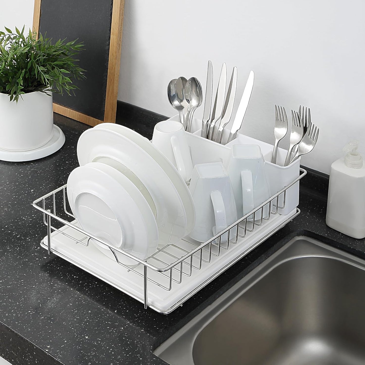 304 Stainless Steel Dish Drying Rack with Diatomaceous Earth Drainboard & Removable Utensil Caddy – Rust Resistant Countertop Dish Rack for Kitchen (Silvery-Grey)