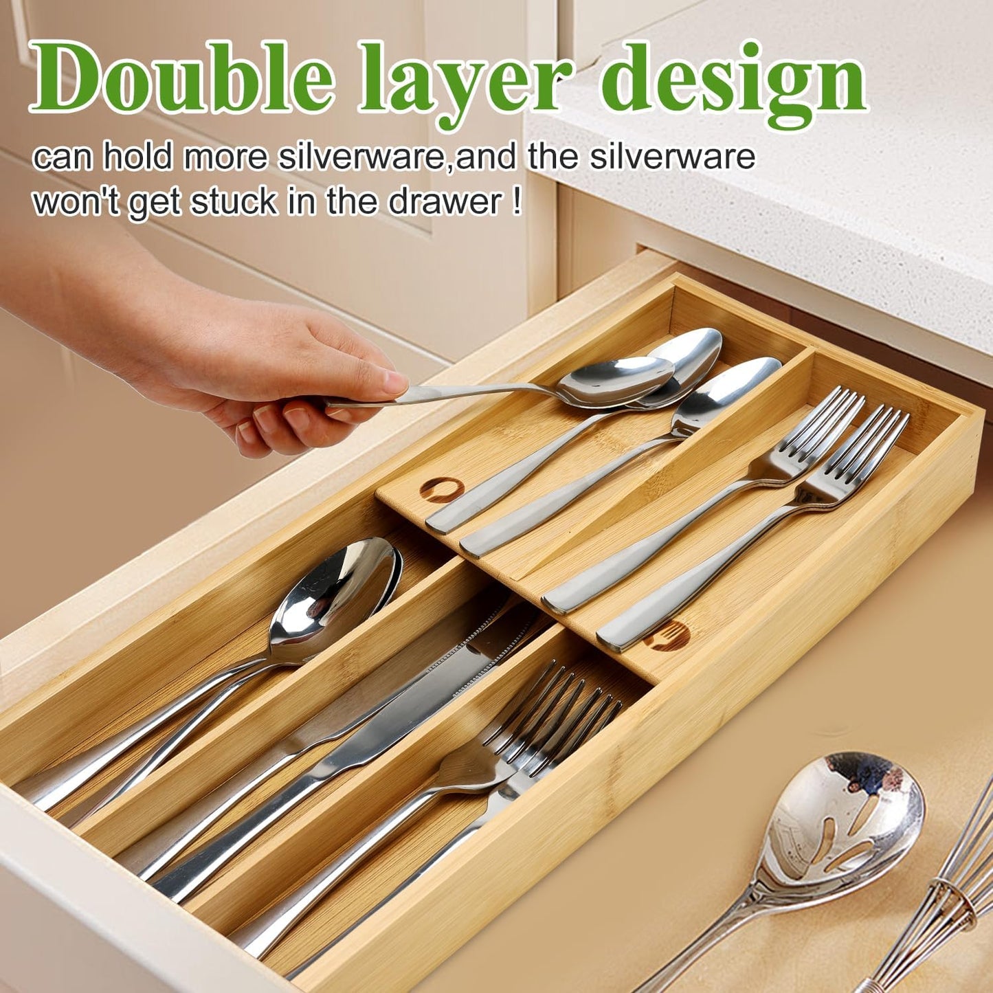 Bamboo Silverware Drawer Organizer Cutlery Tray for Drawer Wood Kitchen Utensil Tray Flatware Caddy Cutlery Holder Utensil Drawers Organizer for Spoon Fork Knives Wooden Silverware Trays