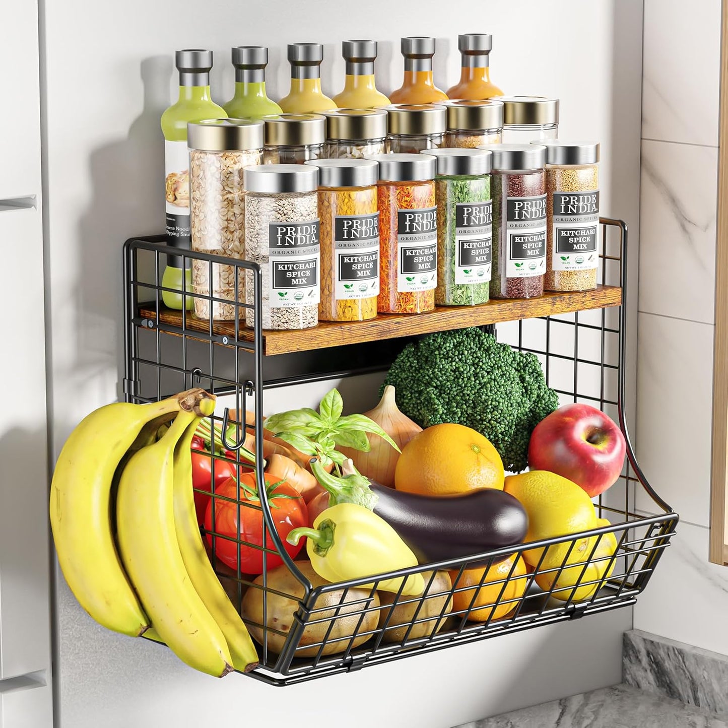 Magnetic Shelf for Fridge with Wood Lid, Fruit Potato and Onion Storage Bins