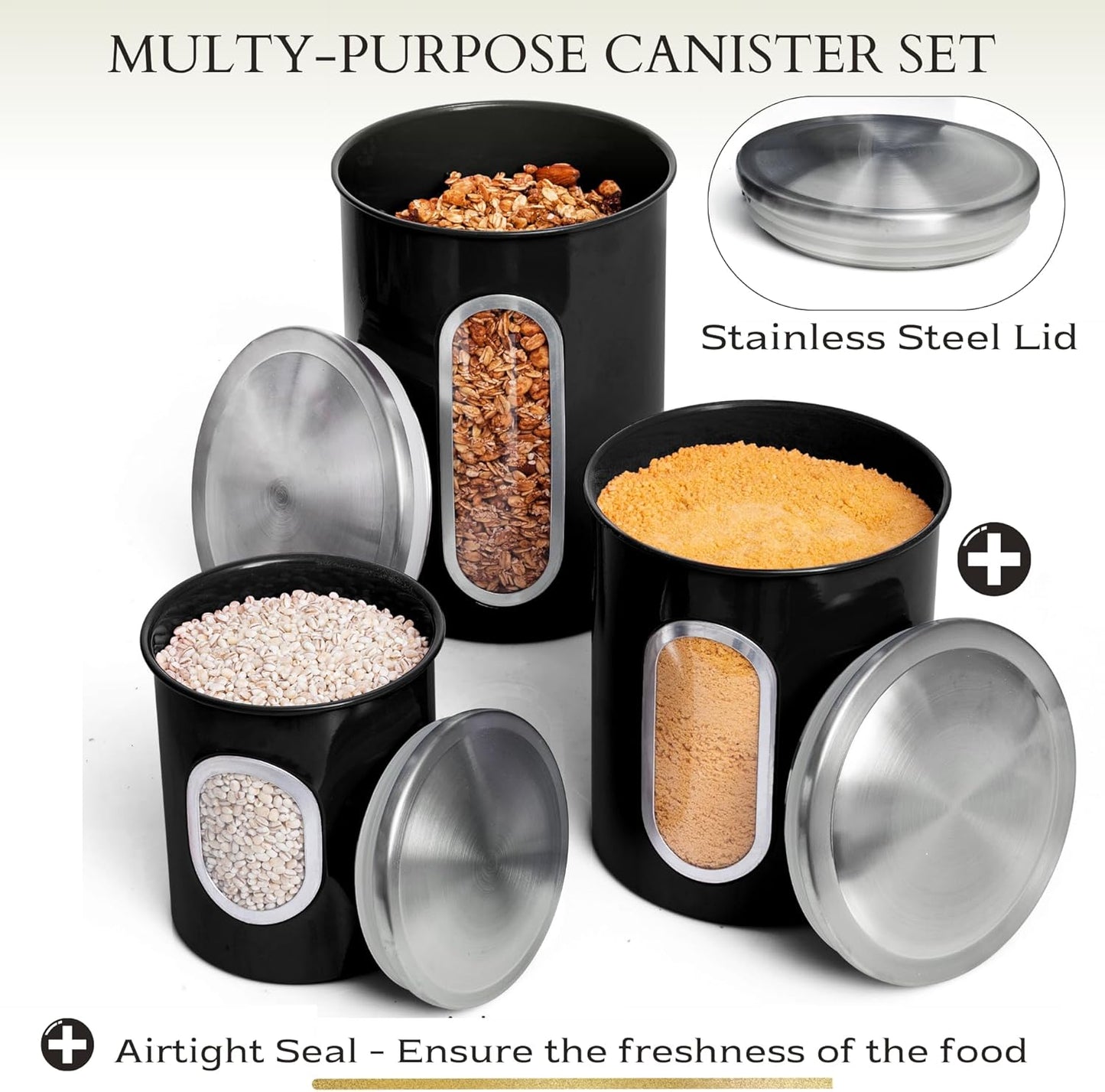 3-Piece Black Canisters Sets For The Kitchen, Airtight Canister Set With See Through Window