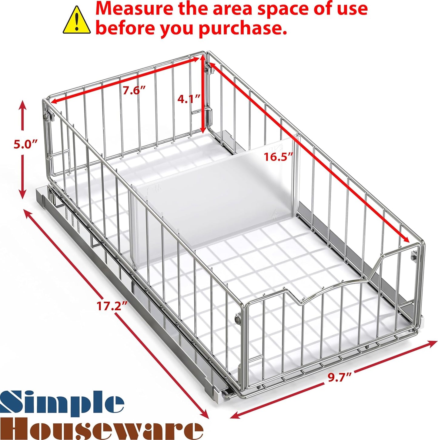 Pull-Out Cabinet Sliding Basket Organizer, 17.2" D x 9.7" W x 5" H – Chrome Finished