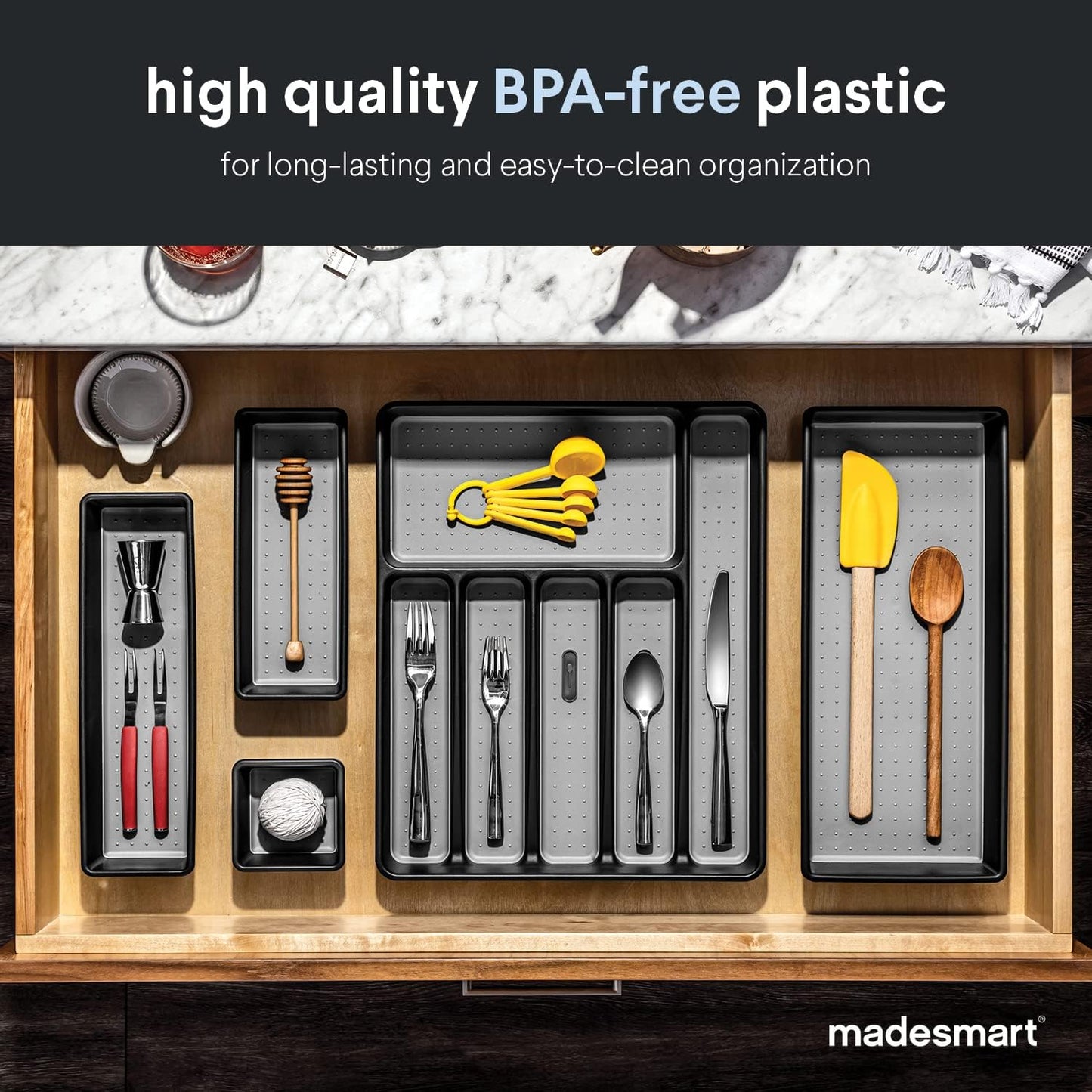 Classic Large Silverware Tray - Granite |CLASSIC COLLECTION | 6-Compartments| Kitchen Drawer Organizer | Soft-Grip Lining and Non-Slip Rubber Feet | BPA-Free