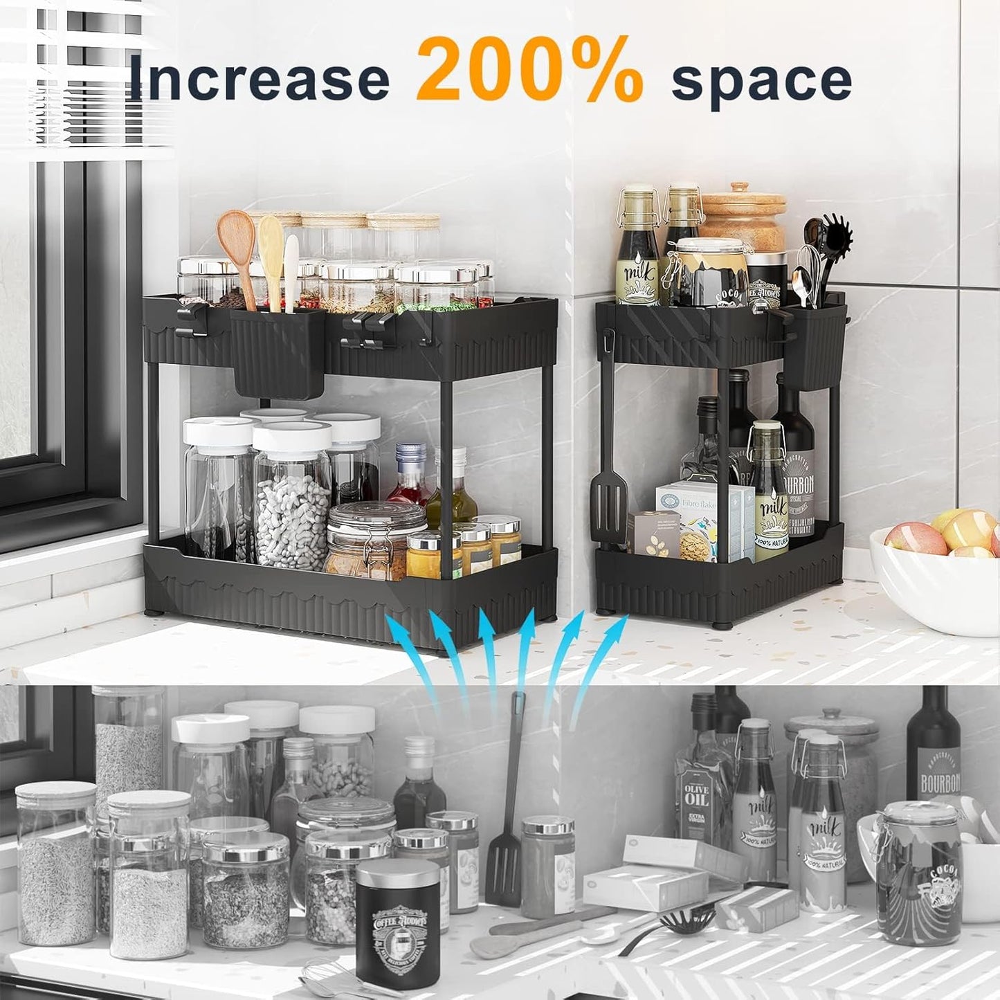 2 Pack Under Sink Organizer, Under Bathroom Cabinet Organizer with Hooks Hanging Cup