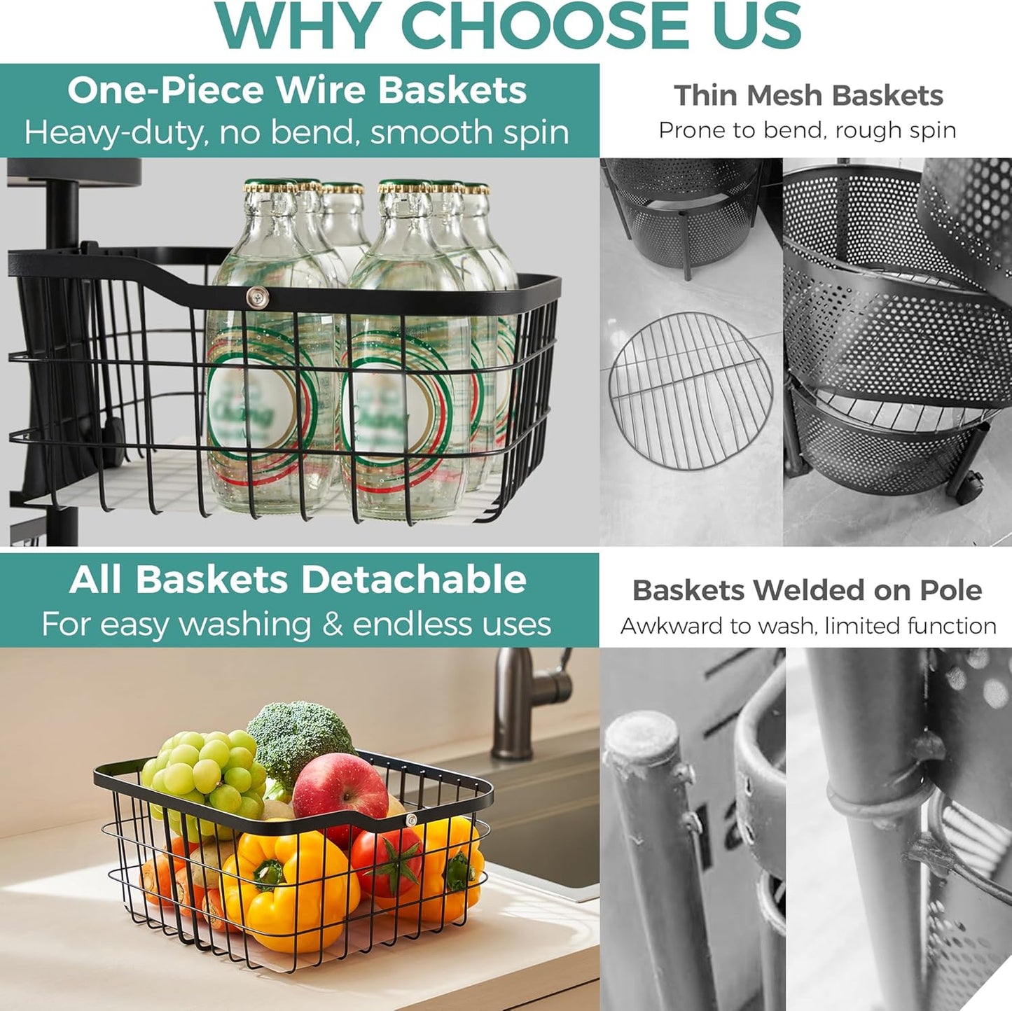 5 Tier Kitchen Fruit Vegetable Storage Cart with One-Piece Rotating Basket