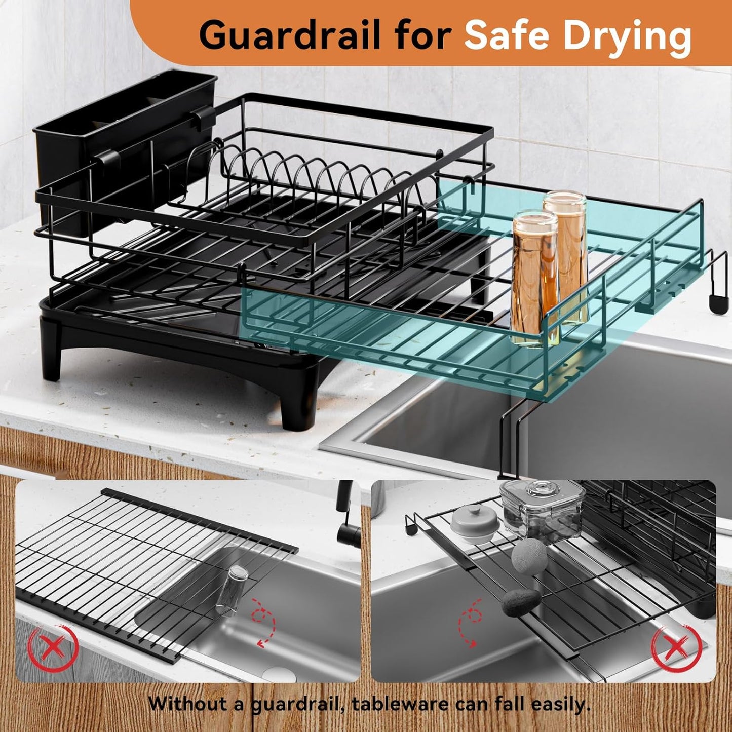 Dish Drying Rack - Expandable Rack, Large Capacity Dish Drainer for Kitchen Counter