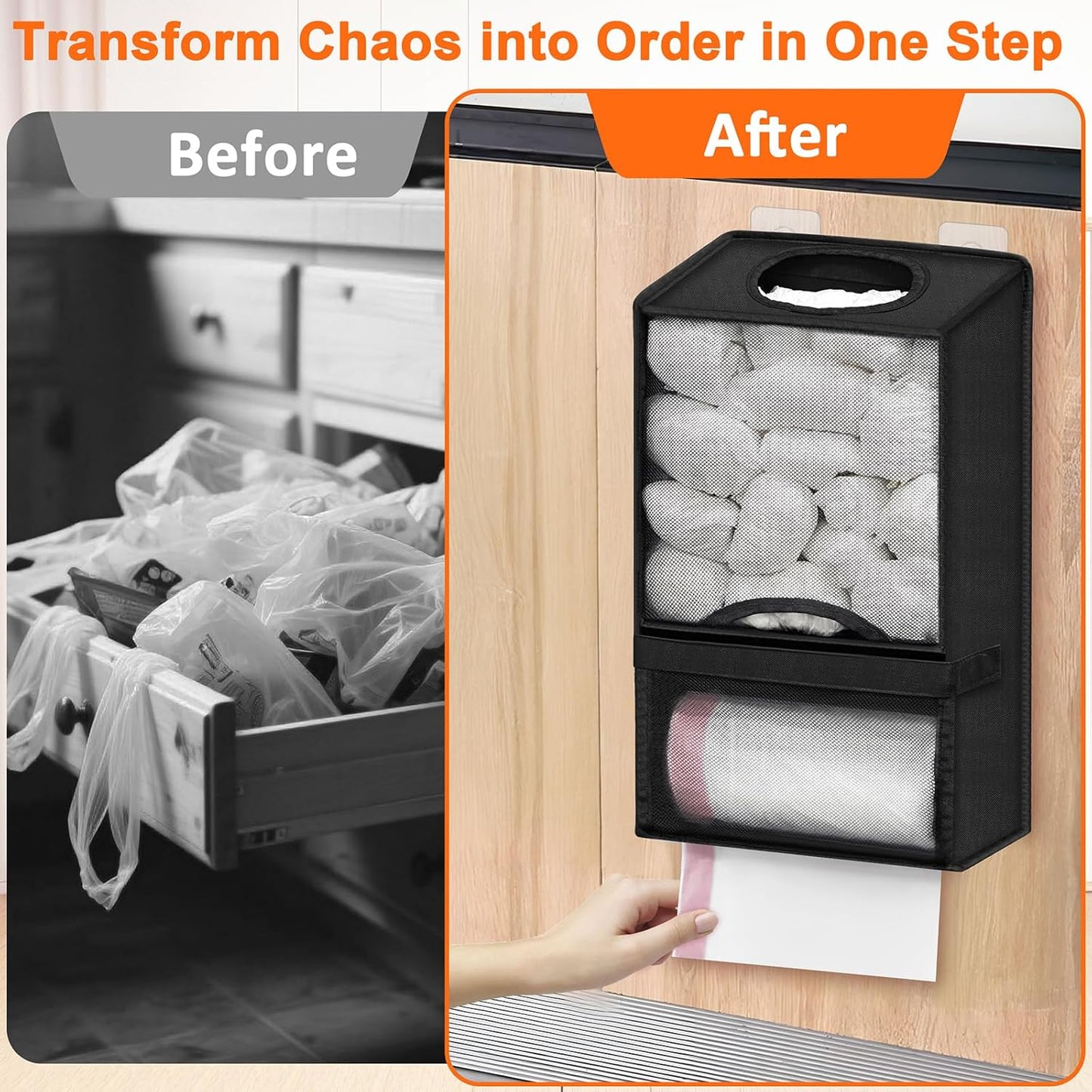 Plastic Bag Holder for Grocery Bags - Large Wall Mount Grocery Bag Holder with Dispenser for Kitchen, Oxford Cloth 2-in-1 Space-saving Plastic Bags Organizer, Black
