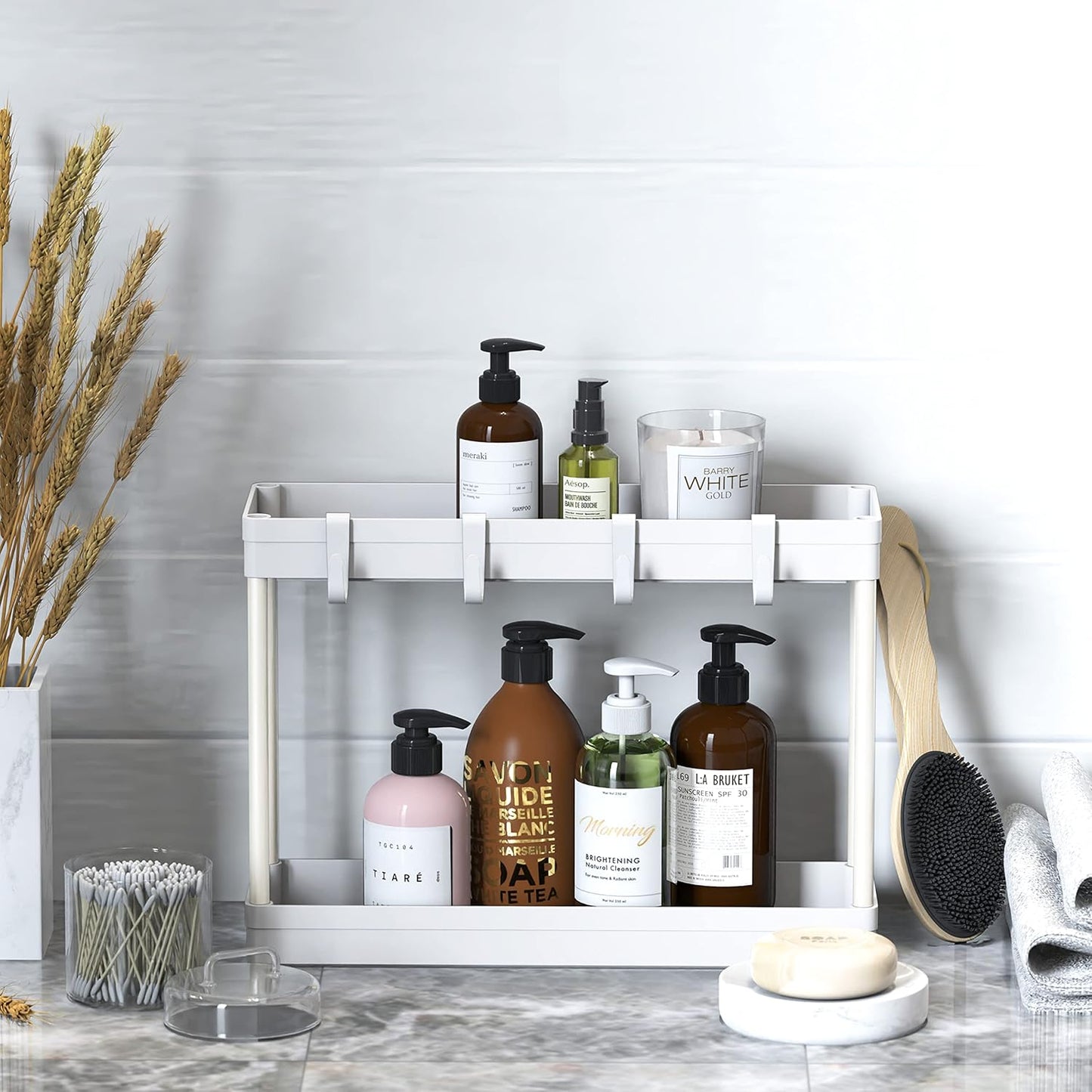 2-Tier Under Sink Organizer Storage Tray with Hooks, White