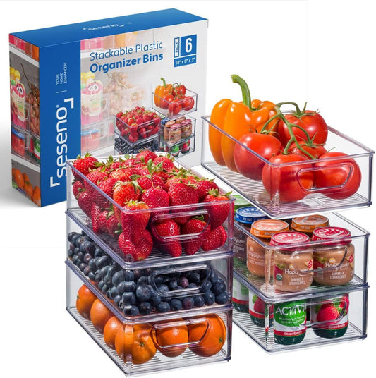 Set Of 6 Refrigerator Organizer Bins - Stackable Fridge Organizers with Cutout Handles for Freezer