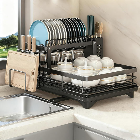 Dish Drying Rack 2-Tier Auto Draining Dish Drying Rack for Kitchen Counter & Sink
