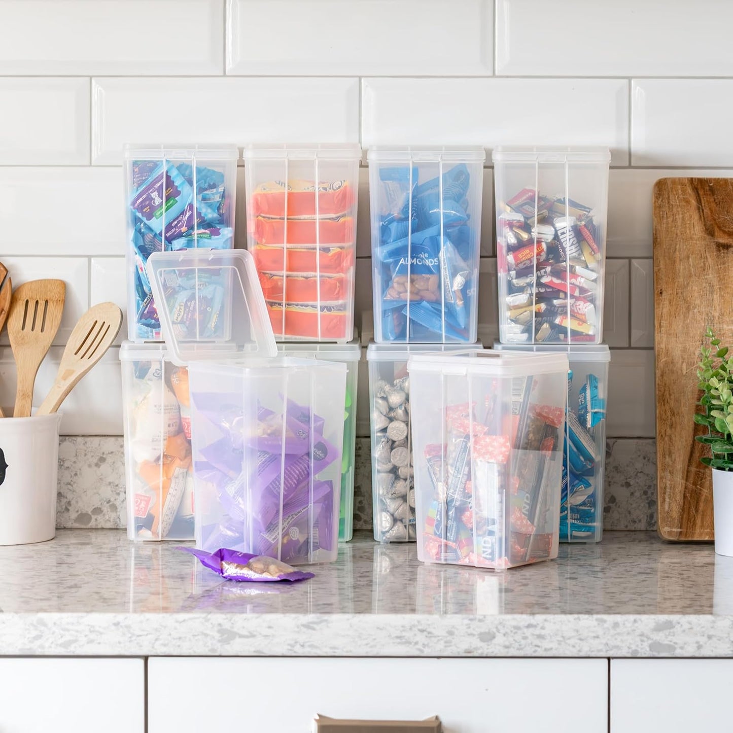 Vertical Plastic Flip Top Storage Containers Bins with Lids for Pantry, Home, Office, Organization