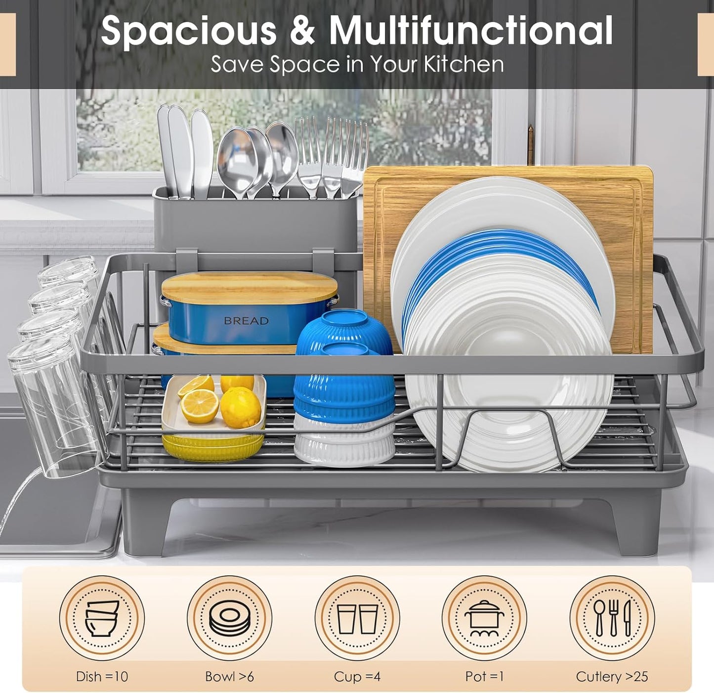 Dish Drying Rack for Kitchen Counter, Sink Dish Rack with Drainboard
