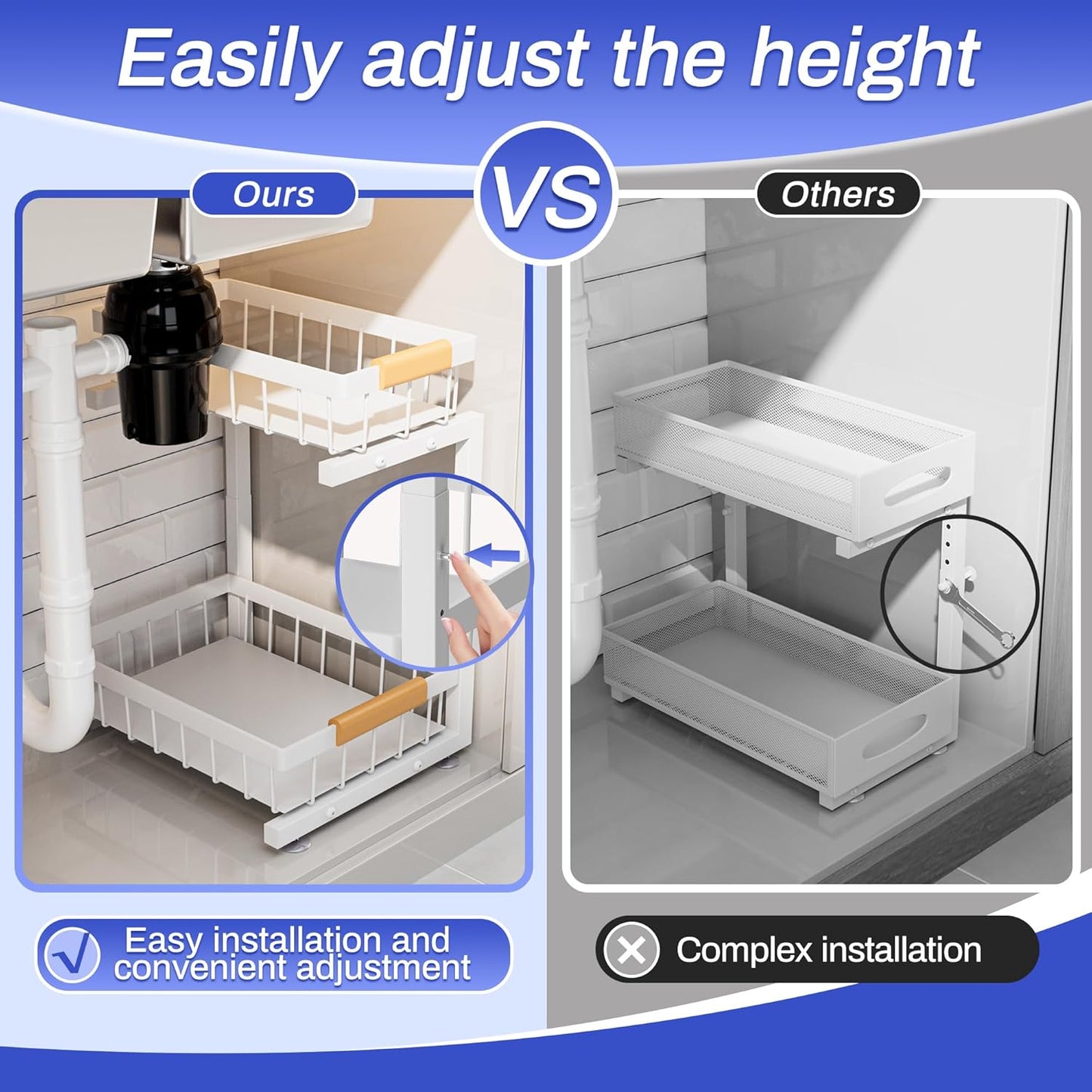 2 Pack Under Sink Organizers and Storage, Height Adjustable 2-Tier Pull Out Cabinet Organizer