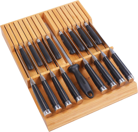 In-drawer Knife Block Bamboo Kitchen Knife Drawer Organizer Large