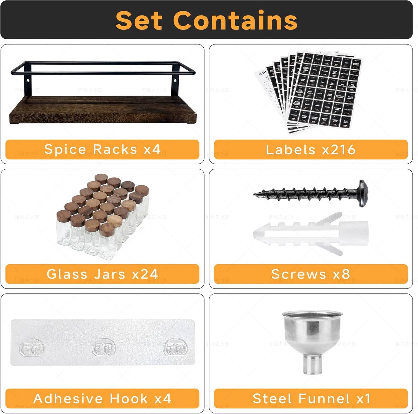 4-Tier Wall Mount Spice Rack Organizer with 24 Glass Jars
