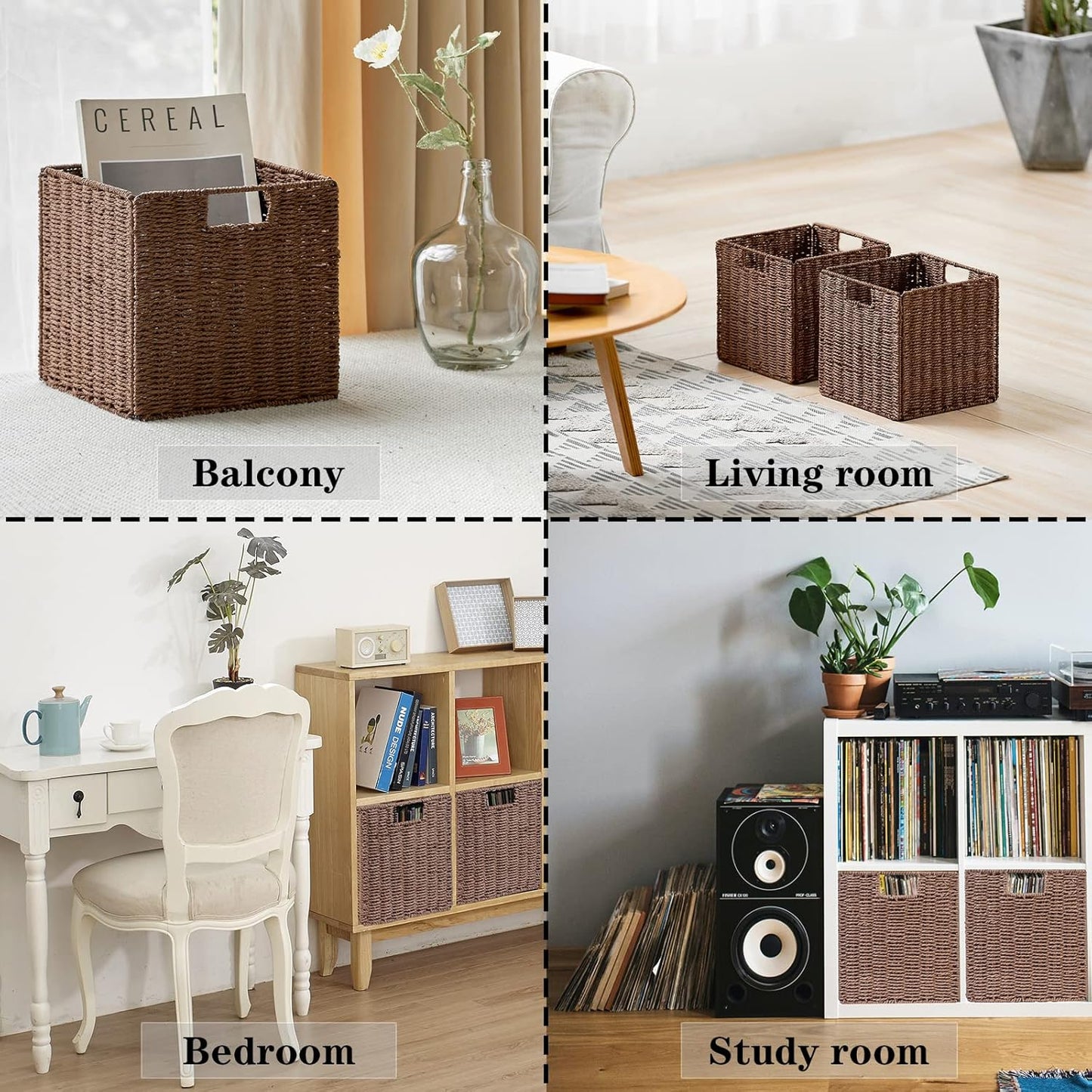 Wicker Storage Basket, Set of 2 Hand-Woven Storage Baskets for Shelves with Handles