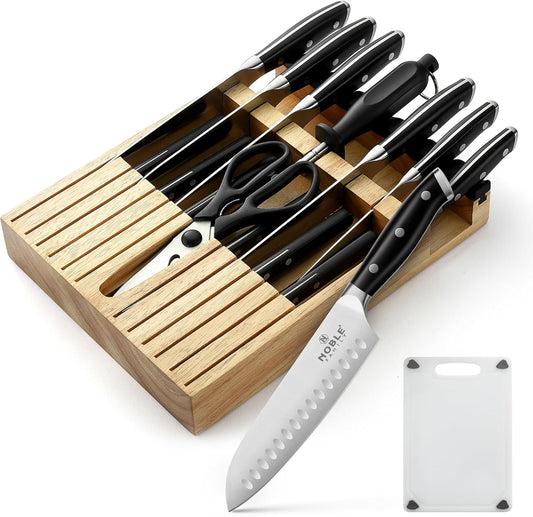 Knife Set with Block, N NOBLE FAMILY 16Pcs Kitchen Knives Drawer Organizer Set with Sharpener
