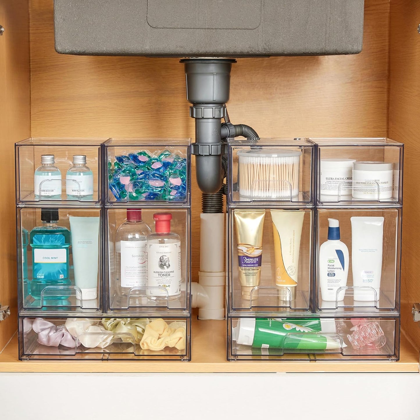 Stackable Storage Drawers Set of 6, Clear Plastic Organizer Bins for Bathroom Supplies