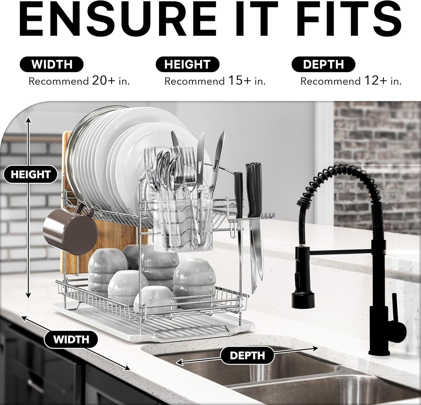 2-Tier Stainless Steel Dish Rack with Drainboard, Chrome for Kitchen