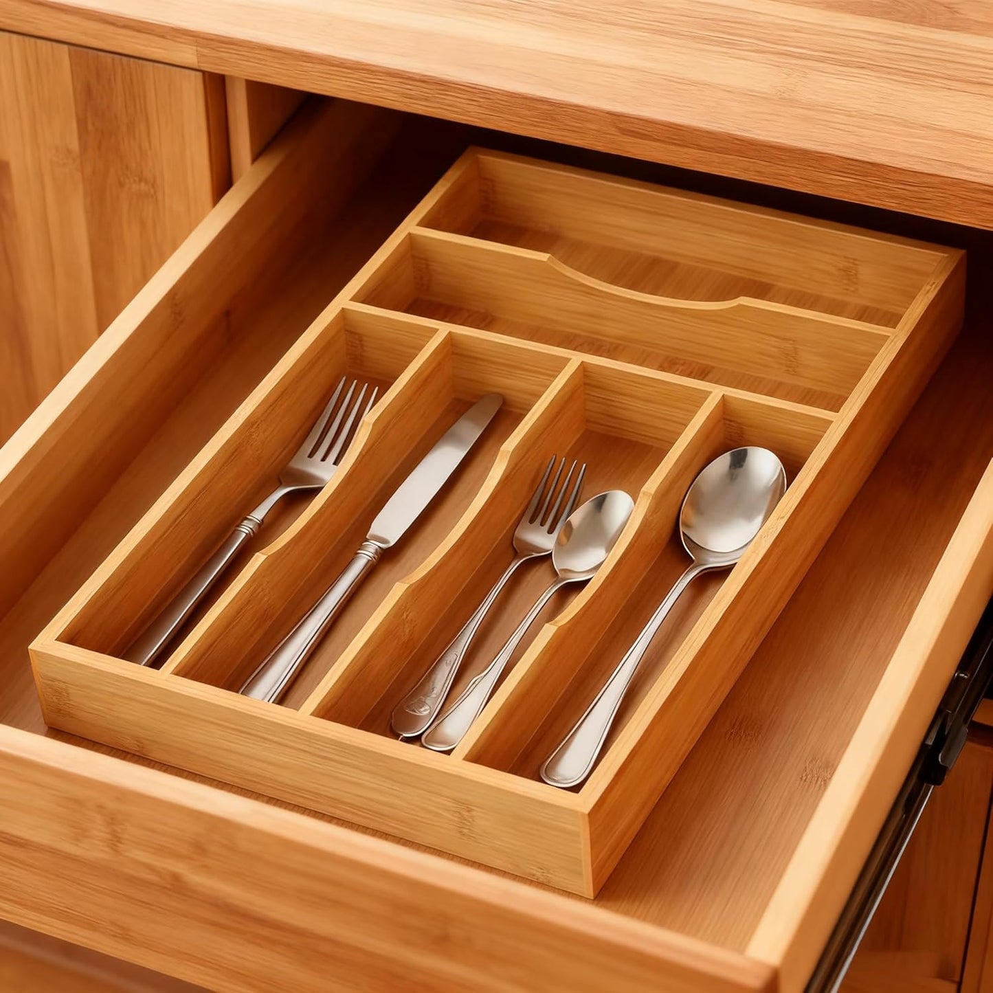 Bamboo Silverware Organizer, Bamboo Kitchen Drawer Cutlery Organizer, Utensil Holder