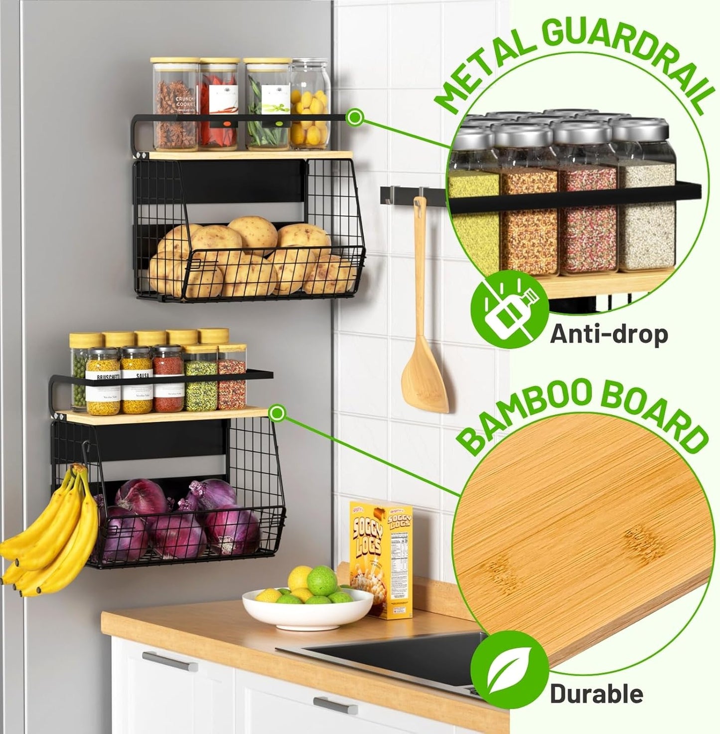 Magnetic Shelf for Fridge with Wood Lid, Fruit Potato and Onion Storage Bins
