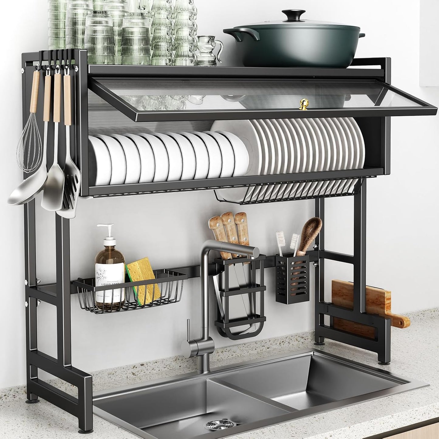 Over The Sink Dish Drainer Drying Rack 3 Tiers with Cover