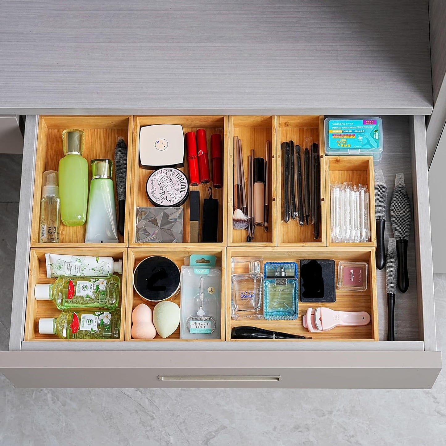 Drawer Organizer, Set of 9 Bamboo Wood Kitchen Makeup Desk Junk Tea Drawer Storage Boxes Bins for Cutlery Silverware Utensils Flatware, Small Wooden Container Tray for Bathroom, Office