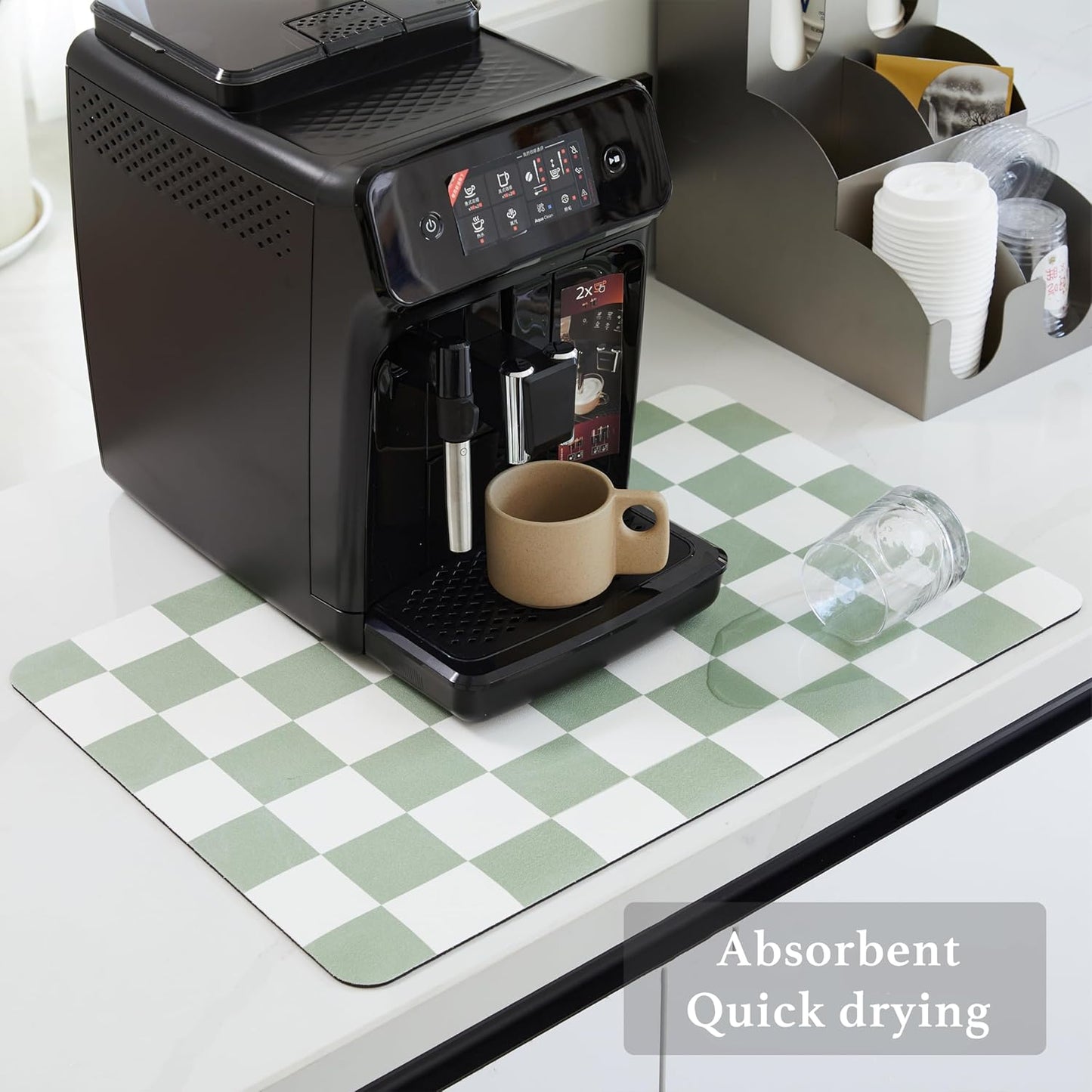 Checkered Dish Drying Mat for Kitchen Counter, Coffee Bar Station Accessories